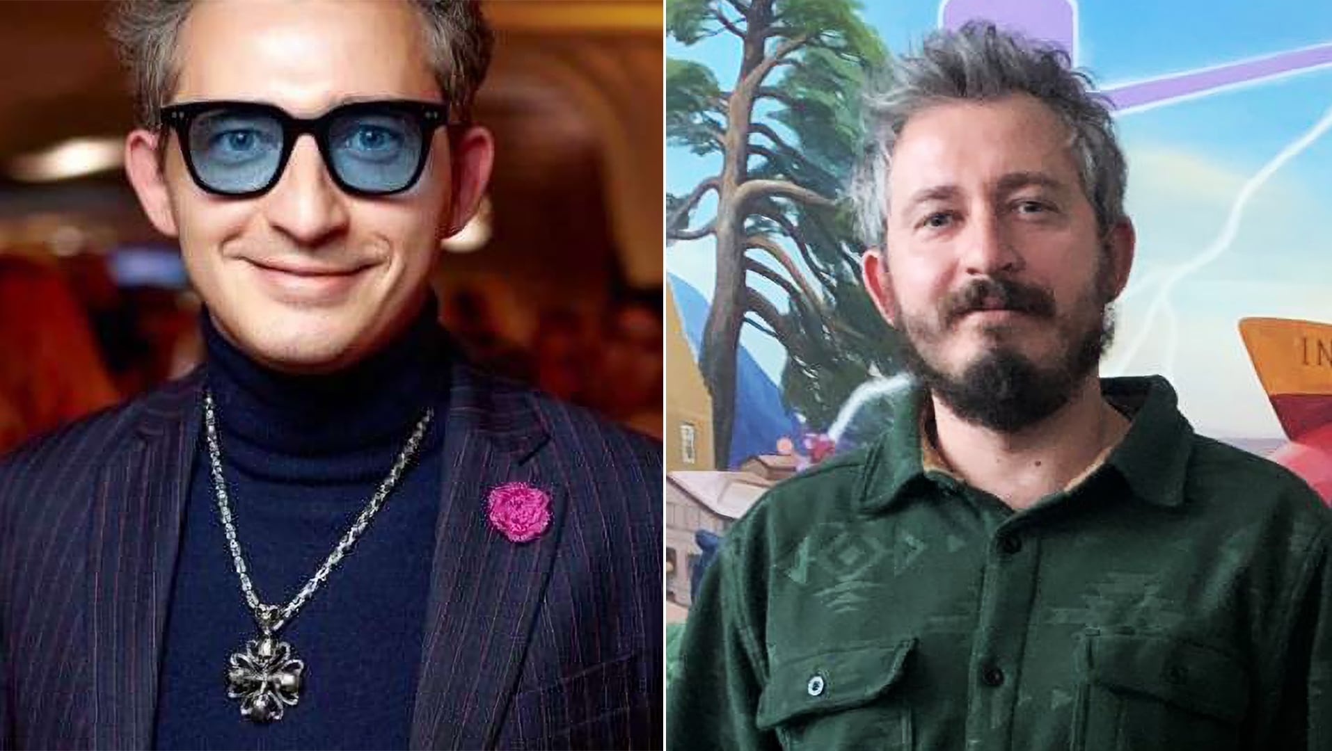 Mikolay Serga, cuando se dedicaba al mundo del espectáculo antes de la guerra y este martes, en la sede de las Fuerzas Culturales del ejército, en Kiev.