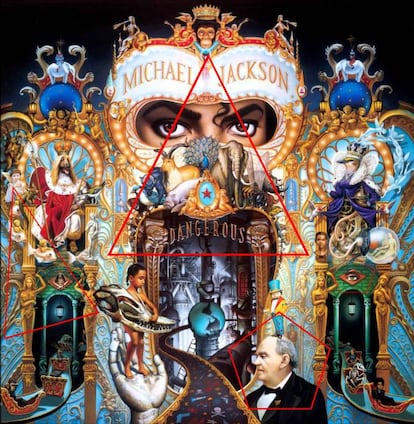 Obsesionado con superar el éxito de 'Thriller' y 'Bad', Michael Jackson tiró la casa por la ventana en el tercer trabajo en solitario de su etapa adulta, 'Dangerous'. Para la portada, llamó al ilustrador Mark Ryden y le pidió algo muy especial. El resultado es un hipnótico 'horror vacui' en el que hay infinidad de mensajes ocultos: columnas masónicas, símbolos illuminati, un dibujo del siniestro mago circense P.T. Barnum y, en su solapa, la cifra 1998: sumando los números da 27, que sumados dan 9, un número positivo en numerología, como también lo es el 7, cifra favorita de Michael que está por todas partes. ¿A que da un poco de miedo?