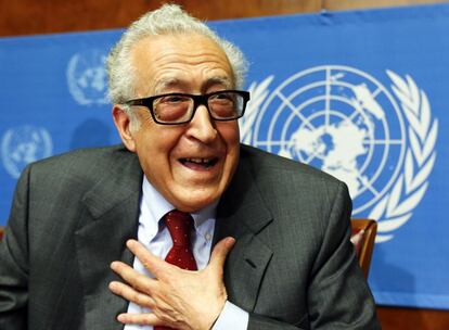 El enviado de las Naciones Unidas para la Liga ?rabe,Lakhdar Brahimi durante una conferencia de prensa sobre la situacin en Siria, en la sede europea de las Naciones Unidas en Ginebra.