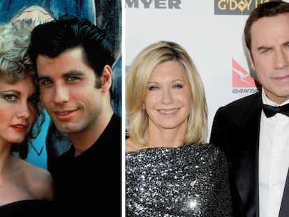 Olivia Newton-John y John Travolta, en una imagen de 1978 (izquierda) y de 2010 (derecha).