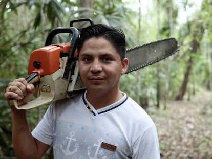 En la una de las concesiones forestales comunitarias de la Reserva de la Biosfera Maya, Alvin Mitdael Macz Pop, miembro de la comunidad, utiliza una motosierra para mantener los cortafuegos.