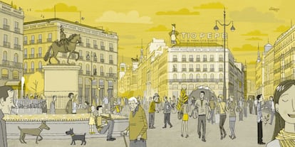 Ilustración de la Puerta del Sol, en Madrid, para Treseditores.