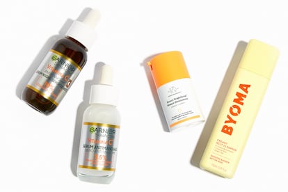 A la izda., eficaces y económicos, los sérums de día y de noche de vitamina C de GARNIER agotaron existencias en Amazon. A la dcha., mascarilla sin aclarado Bouncy Brightfacial de DRUNK ELEPHANT y limpiador Jelly Cleanser de BYOMA.