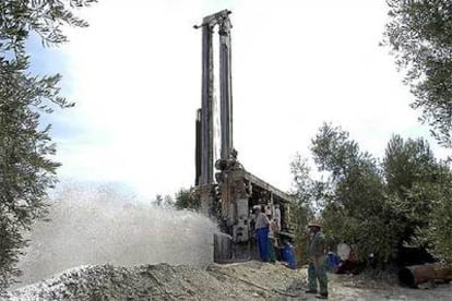 El agua brota a presión de 450 metros bajo tierra, el viernes en un sondeo en un olivar de Ibros (Jaén).