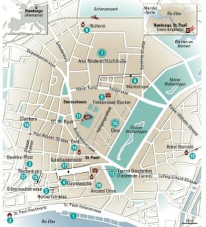 Mapa de St. Pauli, barrio de Hamburgo (Alemania).