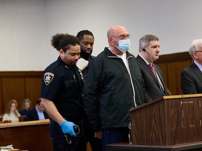 Allen Weisselberg stands as he is sentenced to 5 months in prison for perjury from when he testified in the Trump trial, in Manhattan, New York, U.S. April 10, 2024.