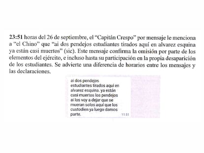 La página 57 del Informe de la Presidencia de la Comisión para la Verdad y el Acceso a la Justicia del Caso Ayotzinapa, que presenta uno de los mensajes en cuestión.