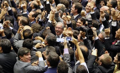 Eduardo Cunha celebra a vit&oacute;ria neste domingo.