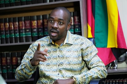 Zimbabwe's main opposition leader Nelson Chamisa speaks during an interview with the Associated Press at his offices in Harare