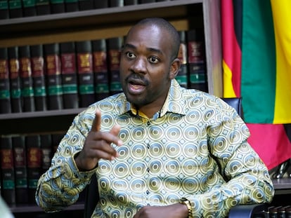 Zimbabwe's main opposition leader Nelson Chamisa speaks during an interview with the Associated Press at his offices in Harare, Monday, Aug 31, 2023.