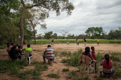 Ayoreo Indigenous people play soccer in the Chaidí community. 