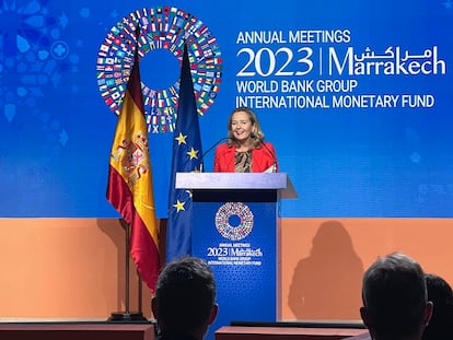 La vicepresidenta primera, Nadia Calviño, en una rueda de prensa este miércoles en Marraquech.