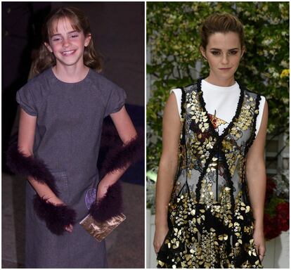 Una joven Emma Watson en el estreno en Londres de ‘Harry Potter y la piedra filosofal’, en noviembre de 2001. A la derecha, la actriz en ele streno de 'El círculo' el pasado 22 de junio en París.