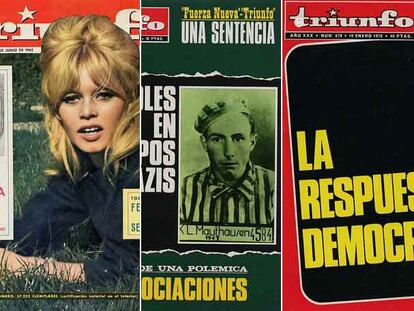 Tres portadas de la revista <i>Triunfo.</i> <b>A la derecha, la que ofreció el semanario en enero de 1976 tras cuatro meses de suspensión.</b>