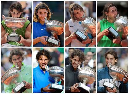 Secuencia de los ocho trofeos de Roland Garros conseguidos por Nadal desde 2005 hasta 2013