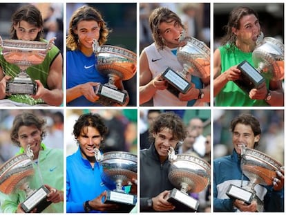 Secuencia de los ocho trofeos de Roland Garros conseguidos por Nadal desde 2005 hasta 2013