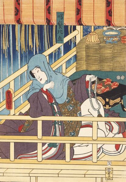 Otro grabado teatral ('Yakusha-e') del artista Kunisada: 'La monja Narukami', interpretada por el actor de kabuki Bando Shiuka I. 1853