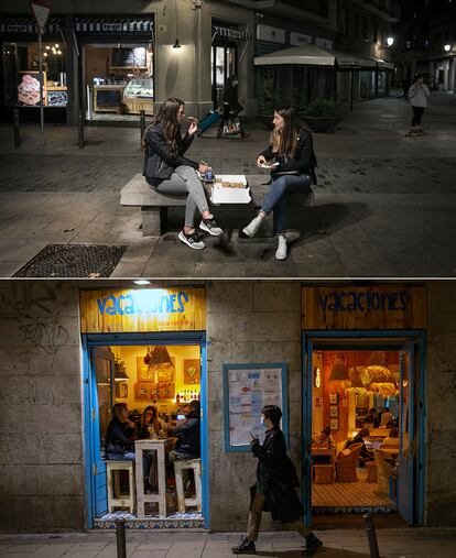 Dos vecinas comen una pizza en un banco de la Rambla del Born de Barcelona. Abajo, bar de copas abierto en el centro de Madrid.