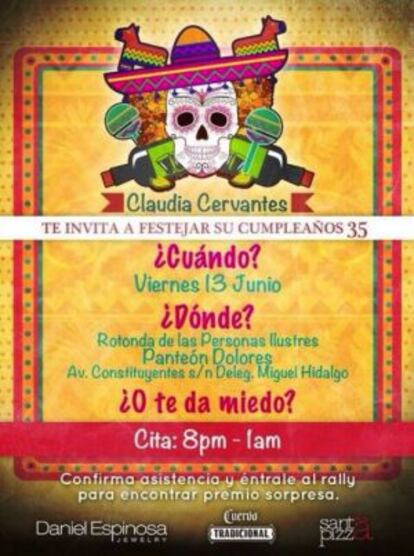 Invitation card for party to be held in Rotonda de las Personas Ilustres in Mexico City.