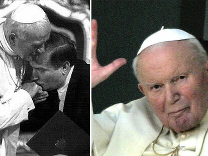Izquierda, Karol Wojtyla recibe en Varsovia al presidente de Polonia Lech Walesa en 1991. A la derecha, el Papa saluda desde el hospital el día 6.