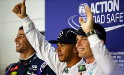 Rosberg, Hamilton y Ricciardo, tras la clasificación.