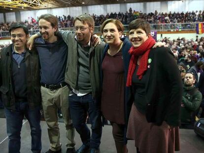 Pablo Iglesias, amb Ada Colau i Xavier Domènech.
