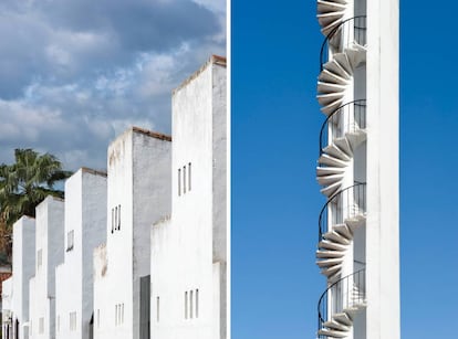 A la izquierda, conjunto de viviendas en Setefilla (Sevilla). A la derecha, campanario de Llanos de Sotillo (Jaén). |