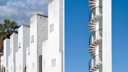 A la izquierda, conjunto de viviendas en Setefilla (Sevilla). A la derecha, campanario de Llanos de Sotillo (Jaén). |