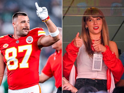 Travis Kelce y Taylor Swift, durante un partido en el Arrowhead Stadium, en Kansas City (EE UU), el 24 de septiembre de 2023.