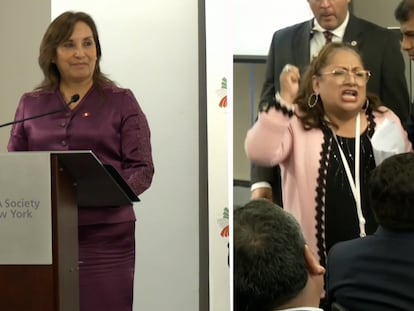 Dina Boluarte (der.) en Nueva York el 20 de septiembre y manifestante (izq.) contra el Gobierno de Perú.