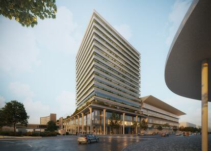 Proyección de cómo será el edificio "pabellón cero" de la Generalitat que se ubicará en el recinto de Fira de Barcelona.
