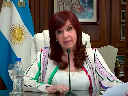 Imagen de la declaración por vídeo de Cristina Fernández de Kirchner desde su oficina, el pasado 29 de noviembre.
