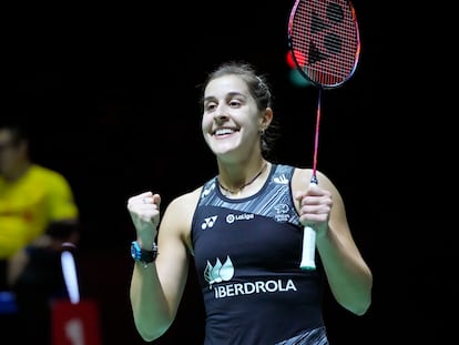 Carolina Marín celebra su triunfo en la semifinal del Masters de Indonesia.