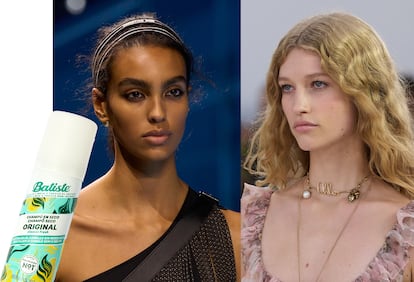 A la izda., el clásico champú en seco Original de BATISTE, en formato de viaje, disponible en 50 ml. Las diademas de Dior y la melena del desfile de Chloé.