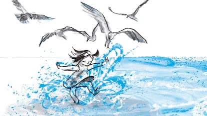 Doble página de 'La ola', de Suzy Lee, editado por Barbara Fiore.