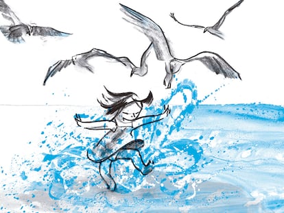 Doble página de 'La ola', de Suzy Lee, editado por Barbara Fiore.