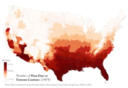 El mapa muestra el número de días con temperaturas máximas por encima de 32º. Es en estas zonas donde se concentran las personas con envejecimiento acelerado a nivel celular.