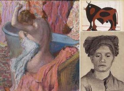A la izquierda, <i>Bañista secándose</i> o <i>Después del baño,</i> obra en pastel de Edgar Degas; a la derecha, <i>Cabeza de una campesina,</i> de Vincent van Gogh; arriba, <i>El toro,</i> obra en <i>gouache</i> y carboncillo sobre papel de Óscar Domínguez.