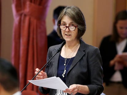 California state Senator Nancy Skinner speaks on the floor of the California Senate on May 30, 2018.