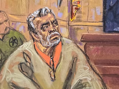 Accused Mexican former drug lord Ismael "El Mayo" Zambada appears in Brooklyn federal court, New York, U.S, October 18, 2024, in this courtroom sketch