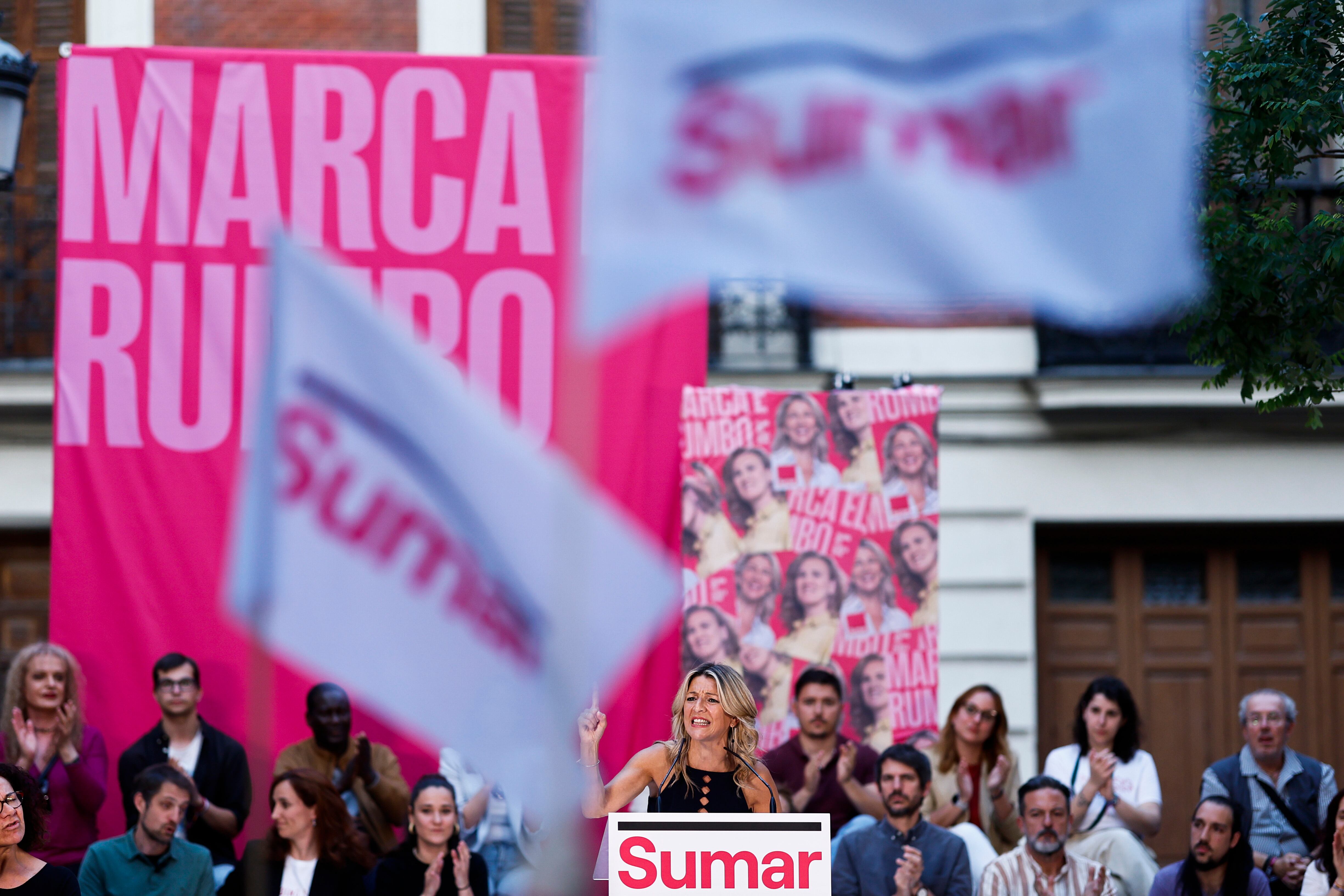 La ministra de Trabajo Yolanda Díaz participa en el inicio de campaña de la coalición Sumar para las elecciones europeas del próximo 9 de junio, este jueves en Madrid. 