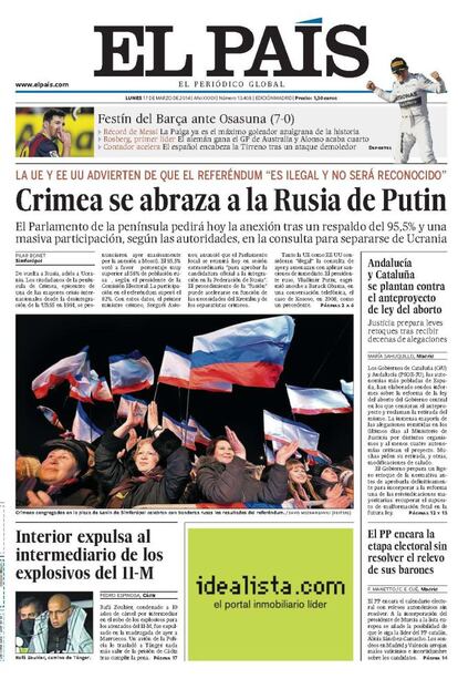 La revolución en Ucrania tomaba los peores derroteros. Crimea votó masivamente en un referéndum ilegal a favor de la anexión a Rusia y consumó la división del país. Ucrania estaba en el ojo del huracán y la belicosidad imperante auguraba malas noticias.<p> <b>Noticia</b>: <a href="http://internacional.elpais.com/internacional/2014/03/16/actualidad/1394974142_352878.html" target="blank">Crimea se abraza a la Rusia de Putin</a>