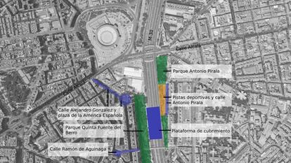 Un plano de la loza que se instalará sobre la M-30 al sur del puente de Ventas.