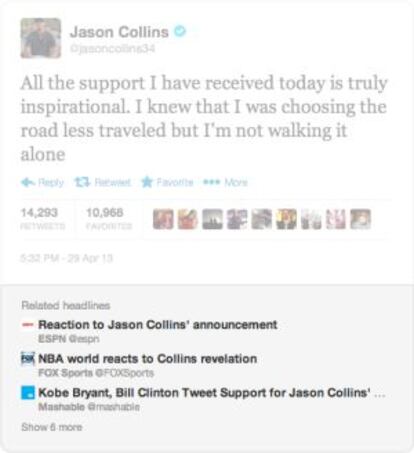 Mensaje de Jason Collins con enlaces de medios.