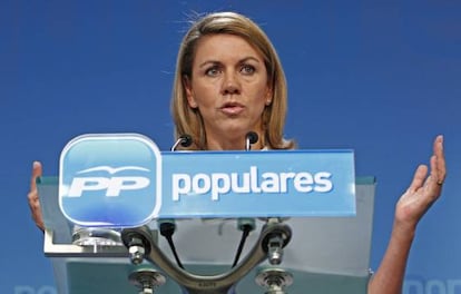 La secretaria general del PP, María Dolores de Cospedal, durante la conferencia de prensa tras la reunión del Comité Ejecutivo Nacional