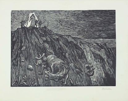 'Venciste', de la serie 'Río Escondido'. Linograbado sobre papel, de Leopoldo Méndez, 1944.