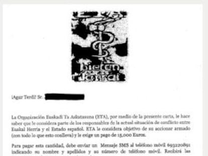 Una de las falsas cartas de ETA enviadas por Jorge García.