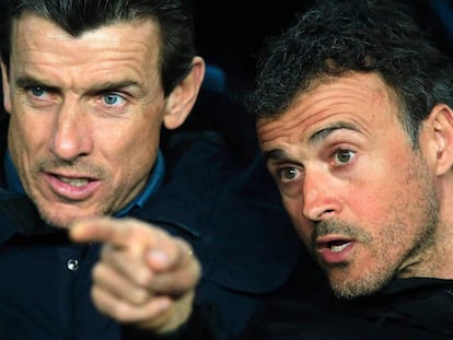 Luis Enrique y Unzue, durante el partido.