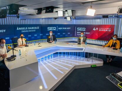 Los candidatos a la presidencia de la Comunidad de Madrid Pablo Iglesias, Rocío Monasterio, Ángel Gabilondo, Edmundo Bal y Mónica García, el viernes durante el debate de la Cadena SER.