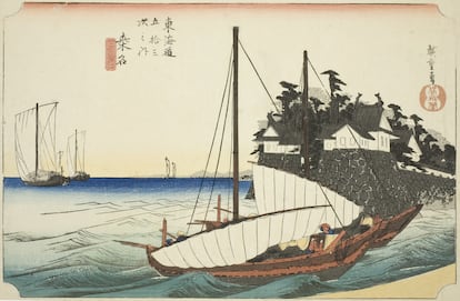 'El desembarco del ferry Shichiri'. Grabado de la serie "Cincuenta y tres estaciones del Tokaido " (1828-1839). Utagawa Hiroshige.